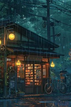 an image of a rainy day in the city with bikes and bookshelves on the street