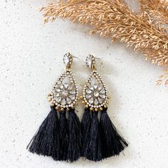 New Boutique Item Black / Gold Fringe Earrings With Rhinestone Detail. Black Jeweled Earrings For Party, Black Jeweled Party Earrings, Gold Fringe, Fringe Earrings, Earrings Color, Jewelry Earrings, Women Jewelry, Boutique, Gold