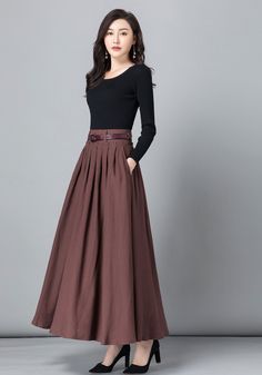 "Get dressed and out of the door in classic good looks with this pleated Long maxi skirt, crafted with soft cotton linen fabric, featuring pleated waist detail and two big pockets. DETAIL * More color available https://etsy.me/3gLwNaL * 50% linen,50% cotton * Not see through * Pleated around waist * Two pockets * Belt loops on waistband * Right Side zipper closure * Perfect for spring and summer, autumn * More color SIZE GUIDE Size vary between Brand and Country Please get your body measurement Full Length Cotton Skirt For Work, Elegant Solid Color Cotton Pleated Skirt, Elegant Pleated Cotton Skirt, Cotton Pleated Skirt For Workwear In Fall, Fall Cotton Pleated Skirt For Work, Long Solid Color Pleated Skirt For Work, Cotton A-line Maxi Skirt For Workwear, Brown Full Maxi Skirt For Work, Cotton Skirt For Work In Solid Color