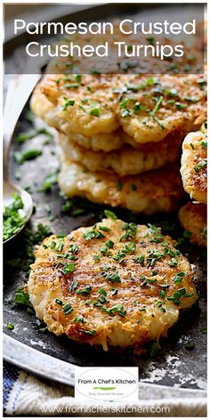 two crab cakes with parmesan crusted crumbs on top and the words, from a chef's kitchen