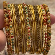 Paki/Indian Style Gold And Multi Bracelets Indian Gemstone Jewellery, Indian Gold Bracelet, Pakistani Bangles, Indian Bracelets, Traditional Bangles, Desi Jewelry, Gold Bracelets Stacked, Indian Accessories, Hygiene Care