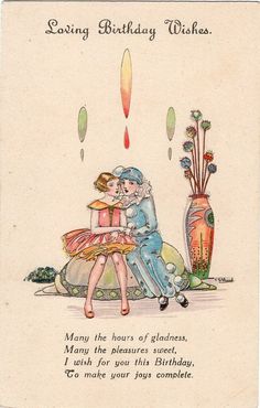 an old fashioned birthday card with two people hugging