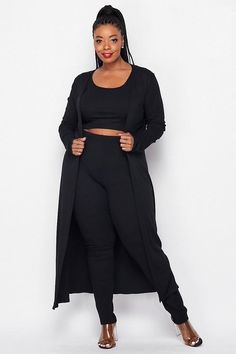 Ribbed Duster set Cropped top High waist legged pants Has good stretch Color: Black 95% Rayon 5% Spandex Black Duster, Cardigan Plus Size, High Quality Clothing, Good Stretches, Cropped Top, Long Sleeve Cardigan, Long Cardigan, High Waisted Leggings, Jet Set