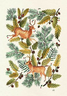 a painting of two deers surrounded by green leaves and pineconis on a white background