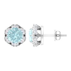 Sky Blue Topaz Flower Stud Earrings with Diamond Sky Blue Topaz - ( AAA ) - Quality - Rosec Jewels Blue Diamond Earrings, Sapphire Studs, Floral Studs, Blue Topaz Earrings, Flower Stud Earrings, Flower Stud, Sky Blue Topaz, Signature Jewelry, Topaz Earrings