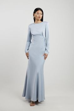 Satin Long Sleeve Maxi Dress Gowns Dresses Long Sleeve, Long Sleeve Blue Dress Formal, Formal Winter Dresses For Wedding, Long Sleeve Guest Wedding Dress, Elegant Long Sleeve Dress, Long Sleeve Modest Dress, Long Sleeve Maxi Dress Wedding Guest, Long Sleeve Long Dress Formal, White Long Sleeve Satin Maxi Dress