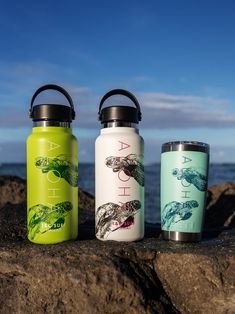 three water bottles sitting on top of a rock next to the ocean