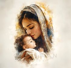 a painting of a woman holding a baby in her arms with the image of mary and jesus