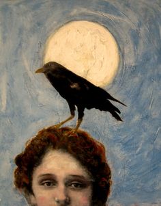 a painting of a woman with a crow on her head and the moon in the background