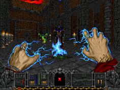 an old - school computer game with two hands reaching out to the screen and lightning coming from behind