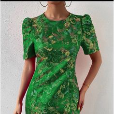 New- Never Worn- Puff Sleeve, Floral, Print, Form Fitting Dress. Excellent Detail With Beautiful Vibrant Colors Of Gold & Green. Full Back Zipper. Excellent Spring/Summer/Autumn Dress!! Green Puff Sleeve Mini Dress For Evening, Fitted Green Puff Sleeve Dress With Floral Print, Green Puff Sleeve Party Dress, Elegant Green Puff Sleeve Dress For Party, Green Puff Sleeve Evening Dress For Spring, Green Puff Sleeve Dress For Spring Evening, Elegant Green Puff Sleeve Mini Dress, Elegant Green Mini Puff Sleeve Dress, Green Puff Sleeve Dress With Floral Print