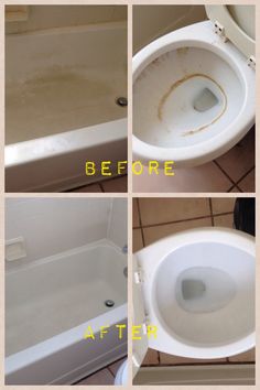 four pictures showing the before and after of a bathtub that needs to be cleaned