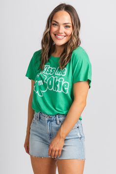 St. Patrick's Day t-shirt from Lush Fashion Lounge women's boutique in Oklahoma City. Lush boutique in OKC has a variety of cute St. Patrick's Day apparel and more! Don't get pinched in this trendy St. Paddy's Day tee! Model is 5'4 size 27 wearing size small. 50% polyester 25% cotton 25% rayon Trendy Green Tops With Text Print, Trendy Green Top With Text Print, Trendy Green Slogan T-shirt, Trendy Green T-shirt With Slogan, Green Crew Neck Top With Text Print, Fun Green Tops With Letter Print, Trendy Green Slogan Top, Green Casual Tops With Funny Print, Casual Green Tops With Funny Print