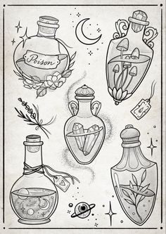 an old school tattoo design with various bottles