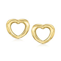 Ross-Simons - Italian 18kt Yellow Gold Heart Earrings. Sweeten up your style with these charming 18kt yellow gold heart earrings! Direct from Italy and boasting modern open space, this pair is perfect on its own or stacked up the ear with other small studs. Post/clutch, 18kt yellow gold heart earrings. Yellow Gold Heart Earrings, Yellow Gold Round Heart Earrings, Luxury Yellow Gold Round Heart Earrings, Trendy Heart-shaped Yellow Gold Earrings, Yellow Gold Heart-shaped 14k Earrings, Gold Heart Earrings, Gold Heart Earring, Jewelry Essentials, Gold Heart