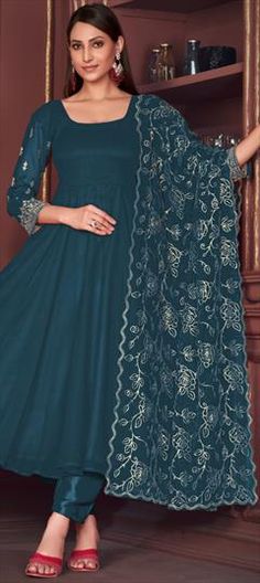 Blue color Salwar Kameez in Georgette fabric with Embroidered, Thread work Georgette Fabric, Thread Work, Salwar Kameez, Anarkali, Party Wear, Thread, Blue Color, Festival, Fabric