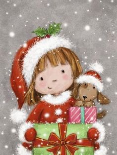 a painting of a girl holding a christmas present with a teddy bear in her lap