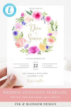 Spring wedding invitation template Spring Flowers Watercolor, Watercolor Flower Wreath, Pretty Wedding Invitations, Watercolour Flower, Watercolor Wreath