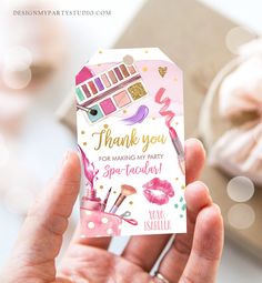 a person holding up a thank card with makeup items on it and the words, thank you for making my party special