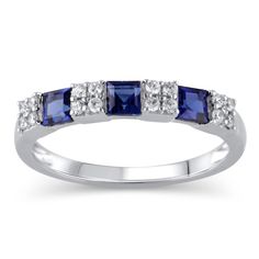 This 3.0mm princess-cut blue sapphire and 1/6 ct. t.w. round diamond quad three stone alternating pattern ring is set in 10K white gold. Sapphire Diamond Promise Ring In 14k White Gold, Emerald Cut Sapphire Ring With Diamond Accents, Sapphire Diamond Ring With Emerald Cut And Diamond Accents, Formal Birthstone Ring With Lab-created Sapphire And Accent Stones, White Gold Diamond Ring With Lab-created Sapphire Accent Stones, Formal Lab-created Sapphire Birthstone Ring, Sapphire Rings With Diamond Accents For Promise, Formal White Gold Diamond Ring With Lab-created Sapphire, Formal Birthstone Ring With Diamond Accents In Sterling Silver