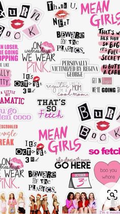 many different types of pink and black stickers on a white background with the words mean girls