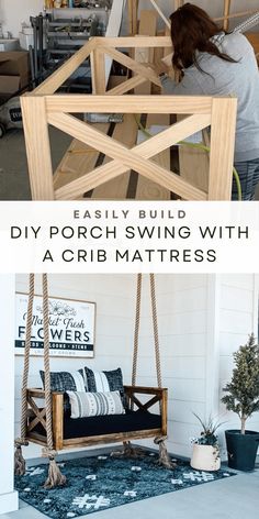 a woman sitting on a porch swing with a crib mattress in the background and text overlay that reads easy build diy porch swing with a crib mattress