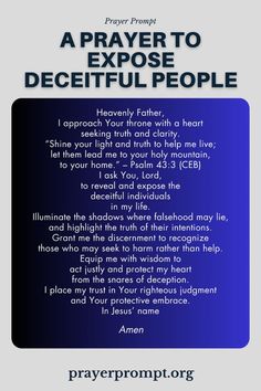 a prayer card with the words pray to expose deceitful people in blue and white