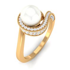 a gold ring with a pearl and diamond accents on the band, set in 18k yellow gold