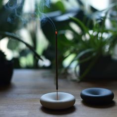 a incense stick sitting on top of a wooden table next to a potted plant