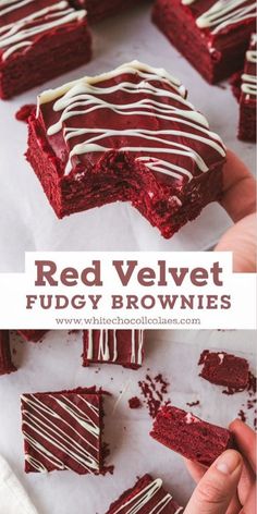 red velvet fudgey brownies with white chocolate drizzled on top