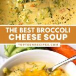 broccoli cheese soup with carrots and celery on the side in a white bowl