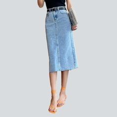 Elevate your summer wardrobe with our 2023 Spring-Summer Collection's 90s-style. long slender jeans skirt! Crafted with a high-waist and stonewashed for a classic. distressed look. this denim masterpiece is the perfect blend of contemporary fashion and nostalgic grunge. With a durable zipper & button closure. you get both functionality and flair.Key Highlights: 90s-inspired Design: Add a classic. effortlessly cool touch to your look. Distinctive Distressed Pattern: Expertly crafted wear and tear Non-stretch Mid-rise Summer Skirt, Non-stretch Mid-rise Skirt For Summer, Non-stretch Light Wash Denim Skirt For Summer, Summer Light Wash Non-stretch Denim Skirt, Summer Non-stretch Light Wash Denim Skirt, Non-stretch High Waist Denim Skirt For Summer, Non-stretch Light Wash Skirt For Summer, Light Wash Mid-rise Summer Skirt, Slim Medium Wash Bottoms For Spring