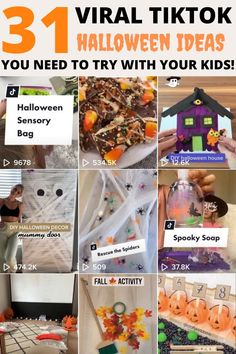 halloween activities and crafts for kids with text overlay that reads 31 virtual tiktok halloween ideas you need to try with your kids