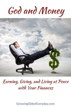 a man is sitting in an office chair with money coming out of his feet and the words god and money