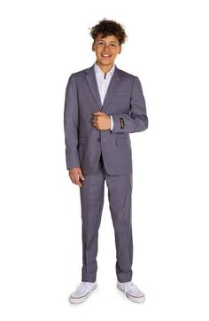 This lightweight two-button suit jacket with trousers in dark grey lets your child look formal without fuss. Includes jacket and trousers Jacket has two-button closure; notched lapels; nonfunctional three-button cuffs; chest welt pocket; front flap pockets; side vents Trousers have zip fly with button-tab closure; front slant pockets; back welt pockets 70% polyester, 27% rayon, 3% spandex Machine wash, tumble dry Imported Professional Solid Color Single Button Suit, Grey Two Piece, Look Formal, Boys Suits, Big Boys, Size 16, Flap Pocket, Welt Pocket, Dark Grey