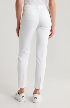 Stay comfortable while perfecting your swing in sleek cropped golf pants cut from breathable, weather-shedding performance fabric with plenty of stretch. 27 1/2" inseam; 12" leg opening; 10" front rise; 13" back rise (size 29) Zip fly with button closure Side zip pockets; back welt pockets Zip hems PFC-free durable water-repellent (DWR) finish Color 001: 48% recycled polyester, 38% polyester, 14% elastane; Color 100: 95% polyester, 5% elastane Machine wash, tumble dry Imported PFC-free, durable White Stretch Ankle-length Dress Pants, White Straight Elastane Pants, White 4-way Stretch Pants For Spring, White Elastane Pants With 4-way Stretch, White Elastane Ankle-length Bottoms, White 4-way Stretch Straight Leg Bottoms, White Bottoms For Golf In Spring, White Spring Golf Bottoms, White Stretch Bottoms With Straight Hem