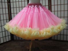 "This listing is for a custom version of the pictured super-full double layer nylon chiffon pettiskirt with satin waist. The pictured pettiskirt was designed for a 22\" (56cm) waist and is 18\" (45,5cm) long. You can choose any length up to 25\" (63,5cm) long. I will lengthen the tiers to achieve a longer length. The \"look\" of the pettiskirt becomes more A-line as I make it longer. If you would prefer this style in other colors or a solid color, please feel free to contact me with your request Pink Fitted Organza Skirt, Fitted Organza Petticoat For Spring, Spring Fitted Organza Petticoat, Fitted Spring Organza Petticoat, Cowboy Girl, Yellow Skirt, White Chiffon, Candy Pink, Polyester Satin