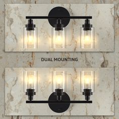 three light fixtures mounted on a marble wall with the words dual mounting written below them