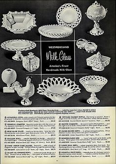 an advertisement for westmoreland milk glass, featuring various dishes and vases from the 1950's