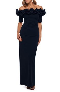 Make it an unforgettable night in this crepe gown featuring a ruffled off-the-shoulder neckline and a flirty back slit that allows you to move effortlessly. 55" center front length (size 8) Off-the-shoulder neck Elbow-length sleeves Back slit Partially lined 94% polyester, 6% spandex Dry clean Made in the USA or imported Women's Clothing Ruffled Gown, Knit Gown, High Low Gown, Xscape Dresses, Evening Dress Collection, Ruffle Gown, Sheath Gown, Mob Dresses, Long Sleeve Gown