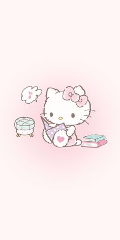 a hello kitty wallpaper with books and other items