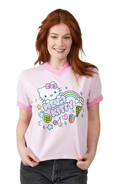 Radiate joy in this women's cradle pink Hello Kitty v-neck short sleeve t-shirt. Pink contrast hems frame an enchanting scene of Hello Kitty surrounded by a rainbow, ice cream cone, strawberries, hearts, and stars, all on purple letters spelling her name. Crafted from 60% cotton, 35% polyester, and 5% spandex, this tee combines comfort and style effortlessly. Machine washable for easy care, this officially licensed shirt is a whimsical addition to your wardrobe.Short sleevesV-necklineCustom graphicRegular fit100% cottonMachine washable PacSun Womens Hello Kitty Sweet Treats V-Neck T-Shirt - Pink size Medium Pink V-neck Graphic Tee, Pink V-neck Graphic Tee Top, Cute V-neck Top With Graphic Print, Spring Pink T-shirt With Hello Kitty Print, Trendy Pink V-neck T-shirt, Pink Short Sleeve Top With Hello Kitty Print, Pink Hello Kitty Print T-shirt For Spring, Cute V-neck T-shirt For Spring, Cute Pink V-neck Top