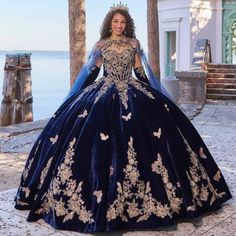 Off Shoulder Applique Lace Up Back Navy Blue Velvet Quinceanera Dress Ball Gown.  "This pin contains affiliate links, which means I may earn a commission at no cost to you extra for you". 
 #affiliate #advertising" Dimensional Applique, Gold Quince Dress, Navy Blue Quinceanera Dresses, Quinceñera Ideas, Ball Gown Gold, Quinceanera Stuff, Red Quinceanera Dress, Quinceanera Dresses Gold, Tulle Cape