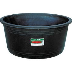 a black plastic tub with a label on it