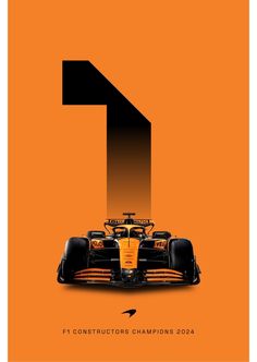 an orange poster with the number 1 on it's front end, and a black car