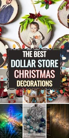 Collage of the best DIY dollar store Christmas decorations, including photo wood slice ornaments, glittery pinecones, a silver bow wreath, light-up wall decor, snow globe crafts, and gingerbread-themed crafts. Perfect for festive and budget-friendly holiday decor. Reindeer Clothespin, Wine Glass Snow Globe, Candy Cane Lollipops, Dollar Store Christmas Decorations, Glowing Star, Creative Wreaths, Star Decor, Dollar Store Christmas, Diy Advent Calendar