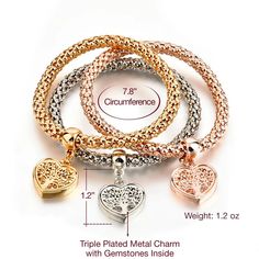 Add a new dimension of style to your everyday look by adding these gorgeous bracelets to your collection. Meaningful Gift Beautifully handcrafted, This Stunning Unique " Tree of Life " Heart Edition Charm Bracelet trio with Austrian crystals within the pendant GET 3 PIECE SET Making this a 3 piece set. Including one Silver, one Gold, and one Rose Gold plated charm bracelets. BRACELET HIGHLIGHT There is a white tone rhinestone floating charm in the pendant. Finished in mirror polished, enhance a Anniversary Silver Gold-plated Chain Bracelet, Metal Jubilee Bracelet For Valentine's Day, Jubilee Metal Bracelet For Valentine's Day, Valentine's Day Metal Jubilee Bracelet, Rose Gold Metal Bracelets With Heart Charm, Metal Charm Bracelet For Anniversary On Valentine's Day, Valentine's Day Rose Gold Metal Charm Bracelet, Gold Metal Charm Bracelet For Anniversary, Heart-shaped Metal Chain Bracelet For Anniversary