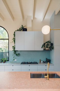 a kitchen with an oven, sink and plants on the counter top in front of it