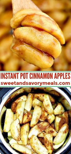 there are several different types of cinnamon apples in the crock pot and next to each other