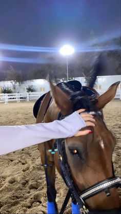 a woman is petting the head of a horse in an arena at night time